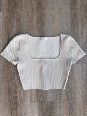 Babaton Ivory Ribbed Square-Neck Crop Top